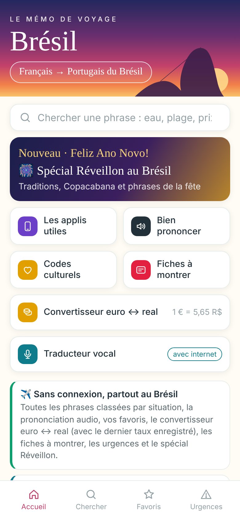 Accueil de l'appli du mémo Brésil